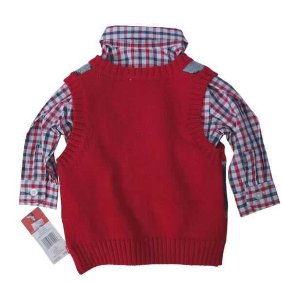 New IZOD Baby Boys Sweater 6-9 Months Argyle Vest with Button Down Shirt Red - Picture 2 of 4